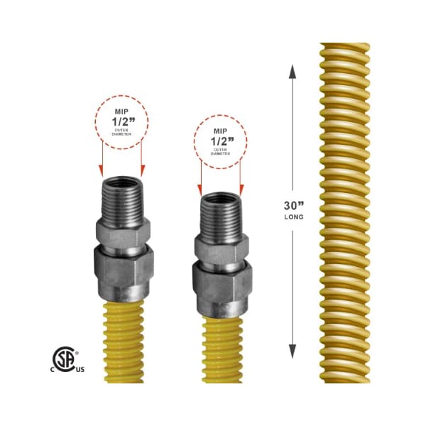 Gas Line Hose 5/8'' O.D.x30'' Len 1/2 MIP Fittings Yellow Coated Stainless Steel Flexible Connector